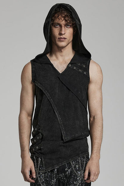 Hooded Punk Tank Top with Asymmetric Cut - NoirEdge