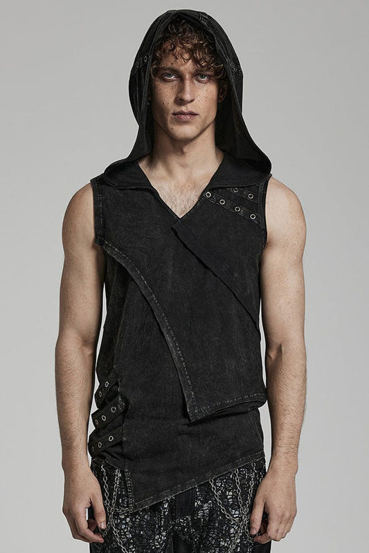 Hooded Punk Tank Top with Asymmetric Cut - NoirEdge