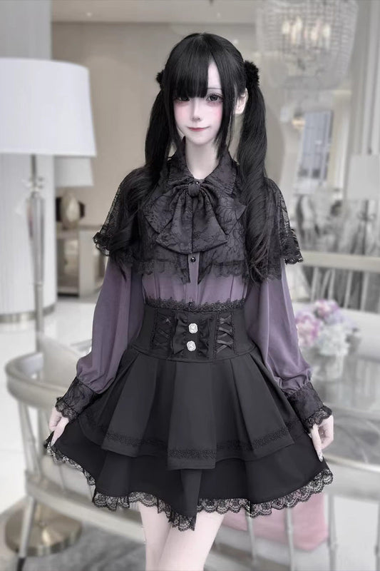 Long Sleeves Double-Layered Ruffled Embroidered Bow Lace-Up Gothic Jirai Kei Lolita Top Skirt Set