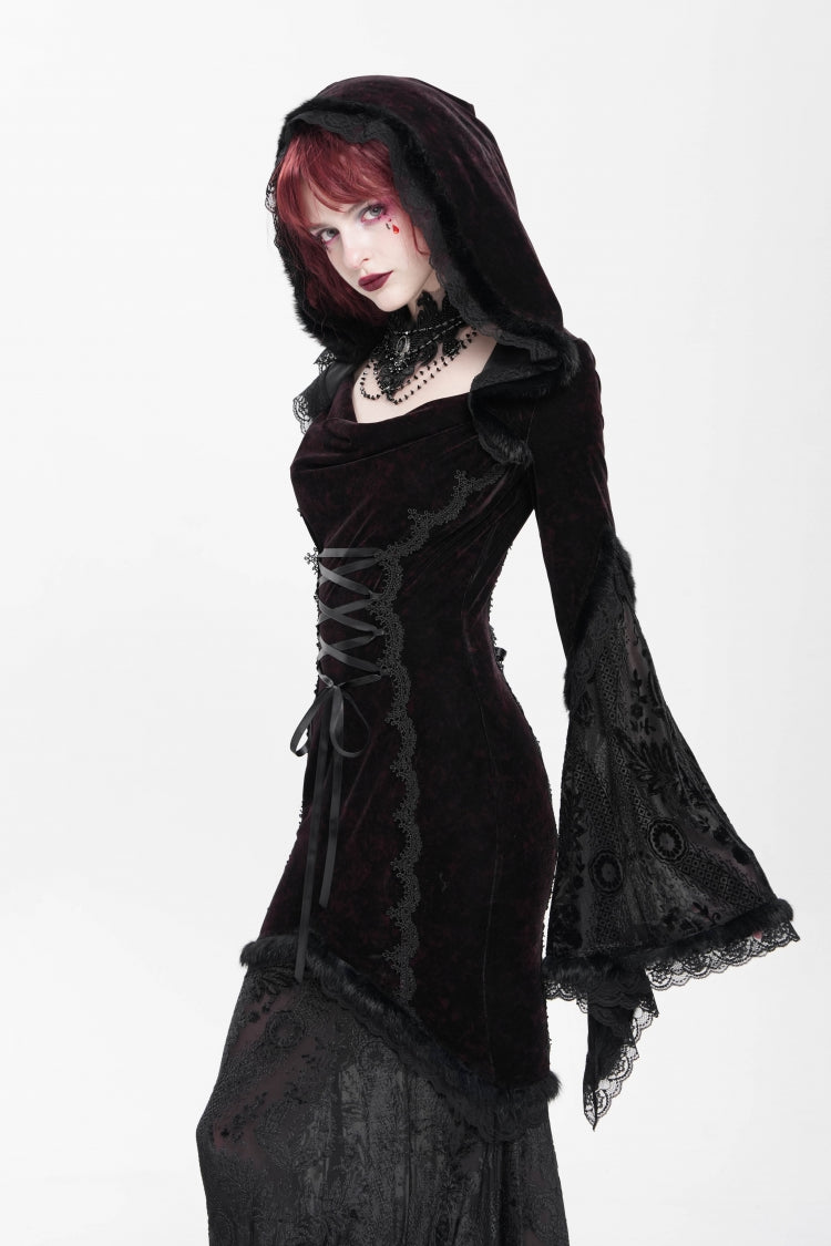 Trumpet Sleeve Embroidered Lace Hooded Mesh Gothic Dress
