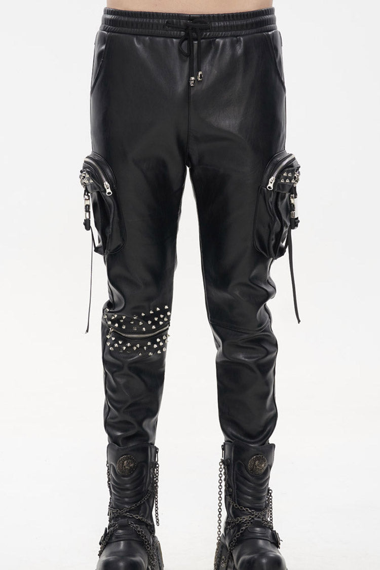 Rebel Rivet Zipper Pocket Faux Leather Cargo Trousers