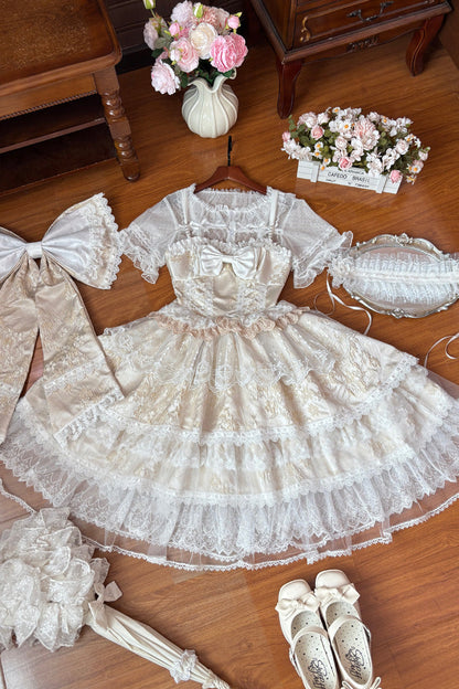 Moonlight Woven Flower Box Square Collar Layered Ruffled Embroidered Bow Lace Plus Size Lolita JSK Set in Yellow