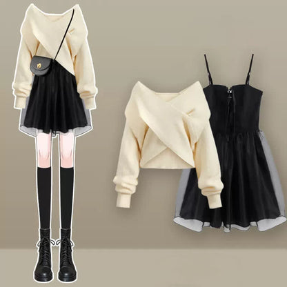 Dress Knot Sweater Set Tulle Cardigan Slip Up Lace Chic Bow