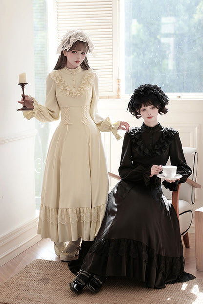 Stand Collar Gothic Dress with Long Sleeves and Lace-Up Ruffled Bow - Letters & Poems · Day and Night