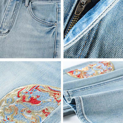 Top Vintage Pieces Embroidery Set Denim Pants Two Buckle