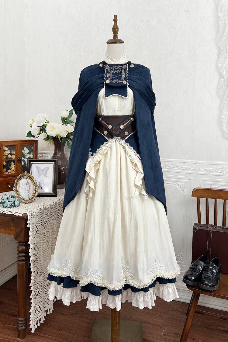 Morning Mist Coast Stand-Collar Long-Sleeved Ruffle Embroidered Vintage Elegant Lolita Skirt Dress Set in Beige