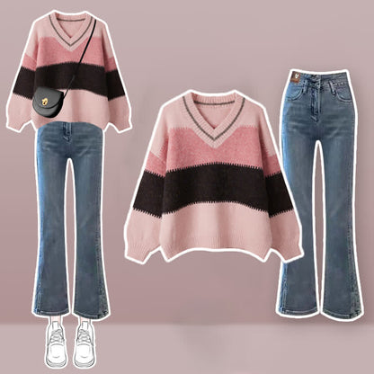 Two Stripe Colorblock Sweater Pieces Casual Pants