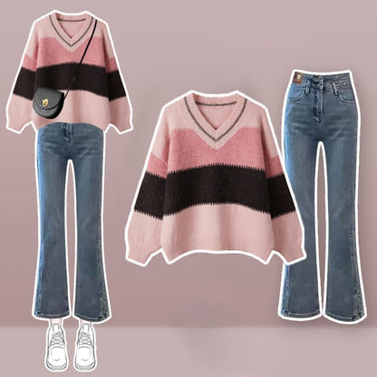 Two Stripe Colorblock Sweater Pieces Casual Pants