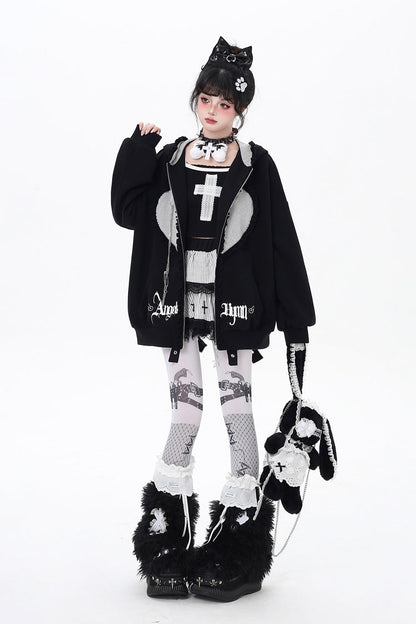 Striped Bunny Ear Hooded Heart Print Embroidery Coat Two Colors