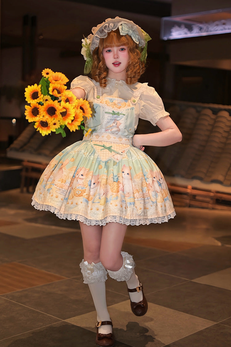 Emerald Pineapple Cat Print Sleeveless Bowknot Lace Sweet Lolita Strap Dress