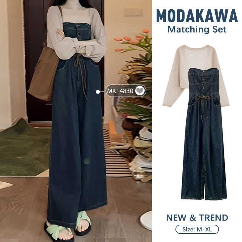 Elegant Knit Cardigan Off The Shoulder Denim Overalls modakawa