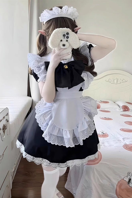Maid Short Sleeves Ruffle Bow Sweet Plus Size Lolita Dress Two Tones