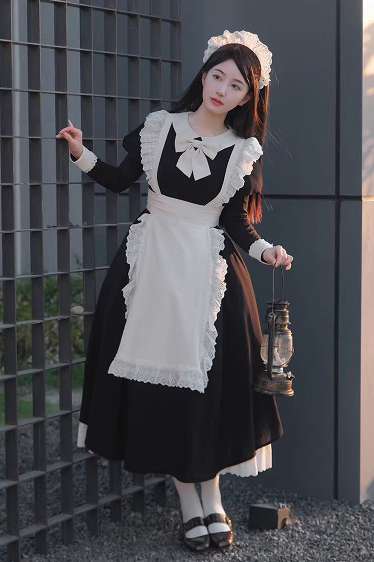Ruffled Bow Sweet Elegant Maid Dress - Black/White