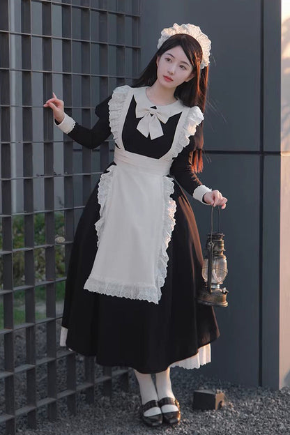 Ruffled Bow Sweet Elegant Maid Dress - Black/White