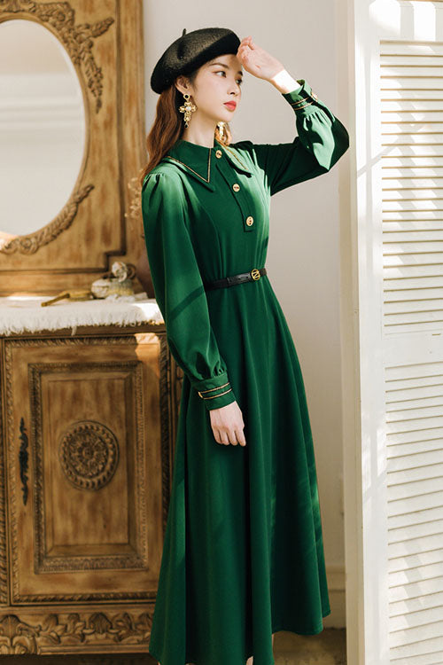 Navy Vintage Classic Lolita Dress with Lapel Collar and Long Sleeves