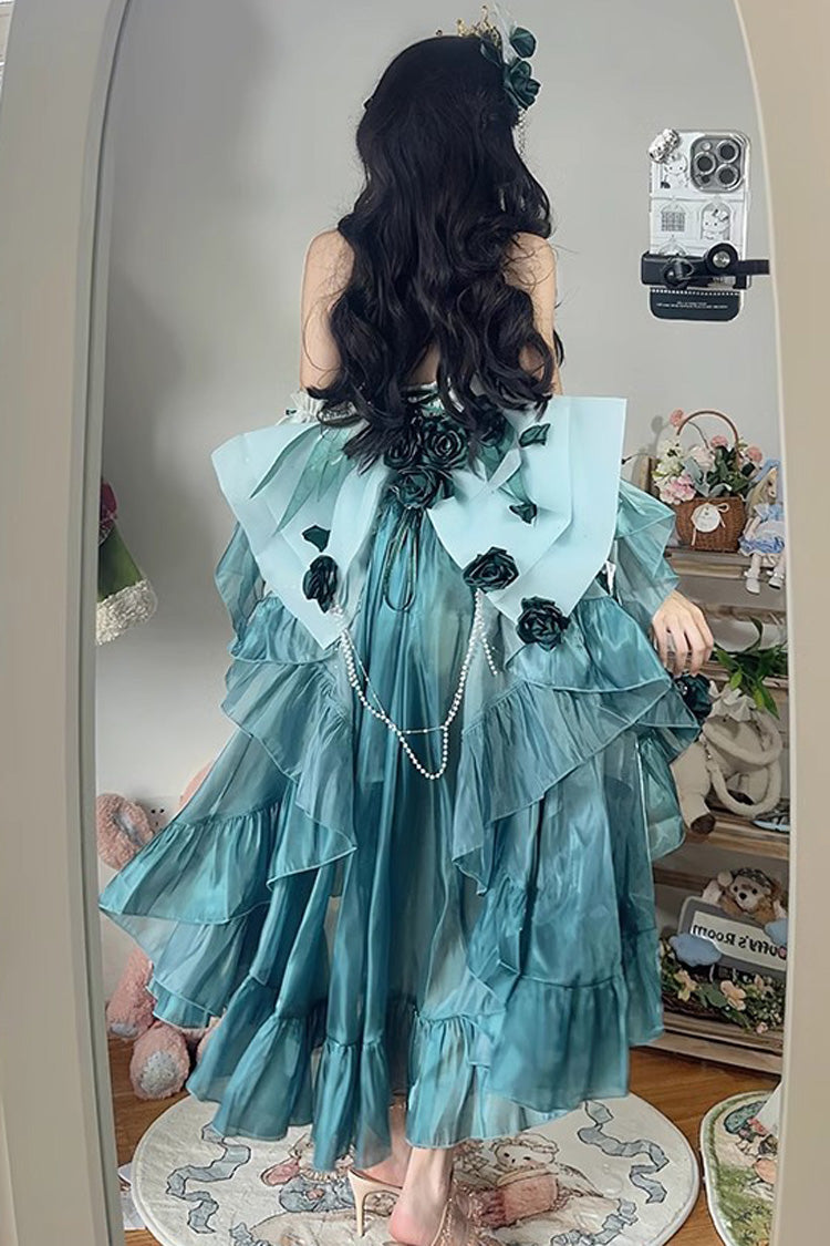 Amber Green Sweet Ballet Lolita Swan Wonderland Embroidery Lace-Up Asymmetric JSK Dress