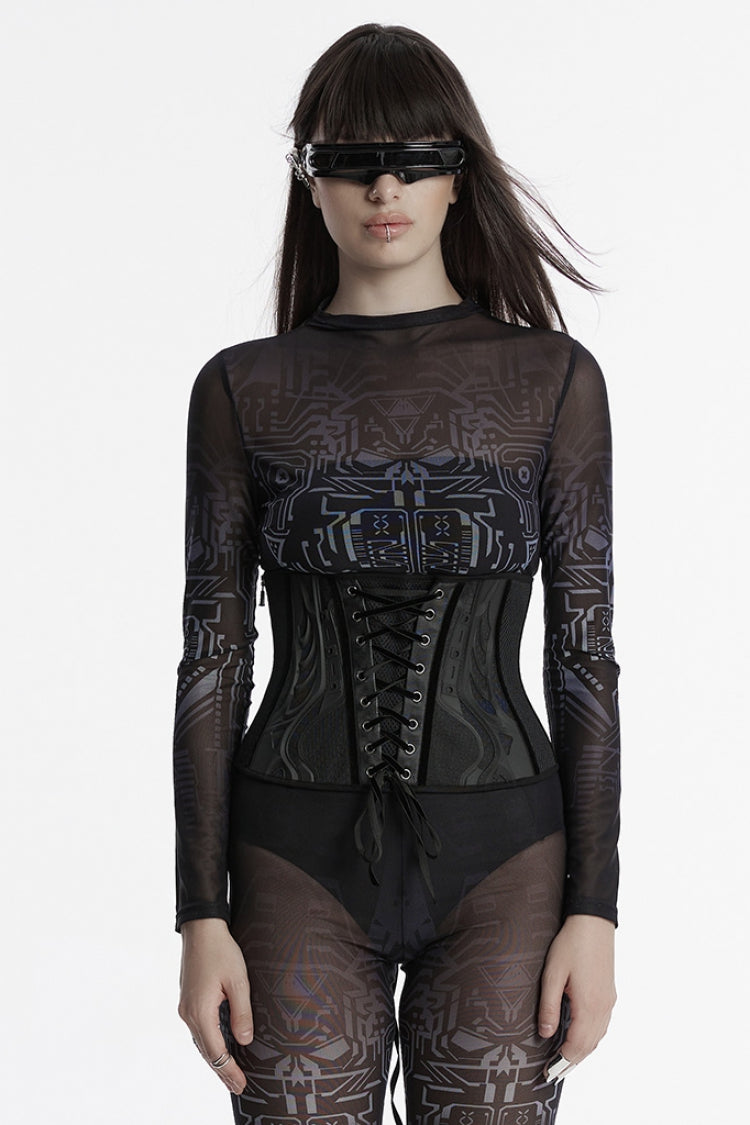 Lace-Up Mesh Punk Underbust Corset in Black Faux Leather for Women