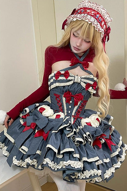 Halterneck Sleeveless Triple-Ruffle Laced JSK with Bow