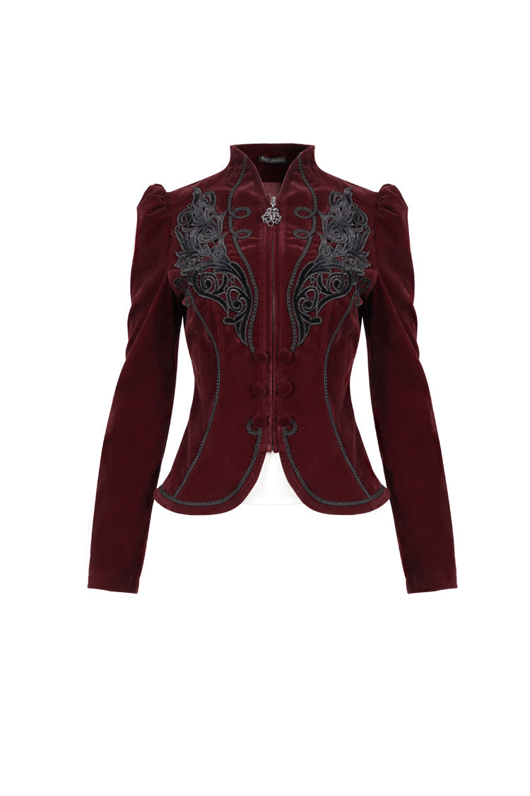 Crimson Mandarin Collar Velvet Chest Applique Pendant Zip Long Sleeve Goth Jacket