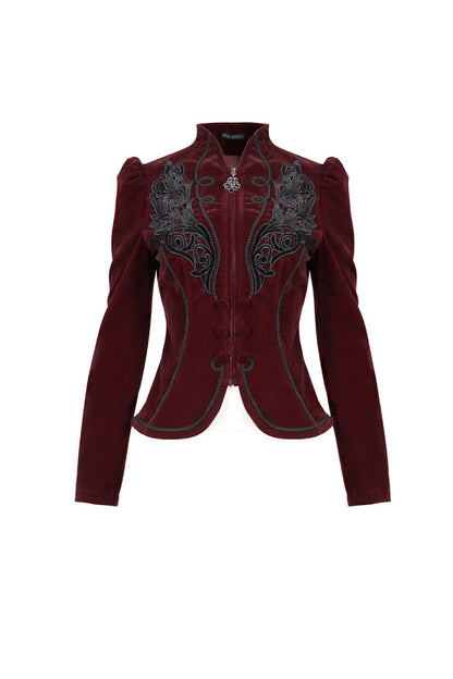 Crimson Mandarin Collar Velvet Chest Applique Pendant Zip Long Sleeve Goth Jacket