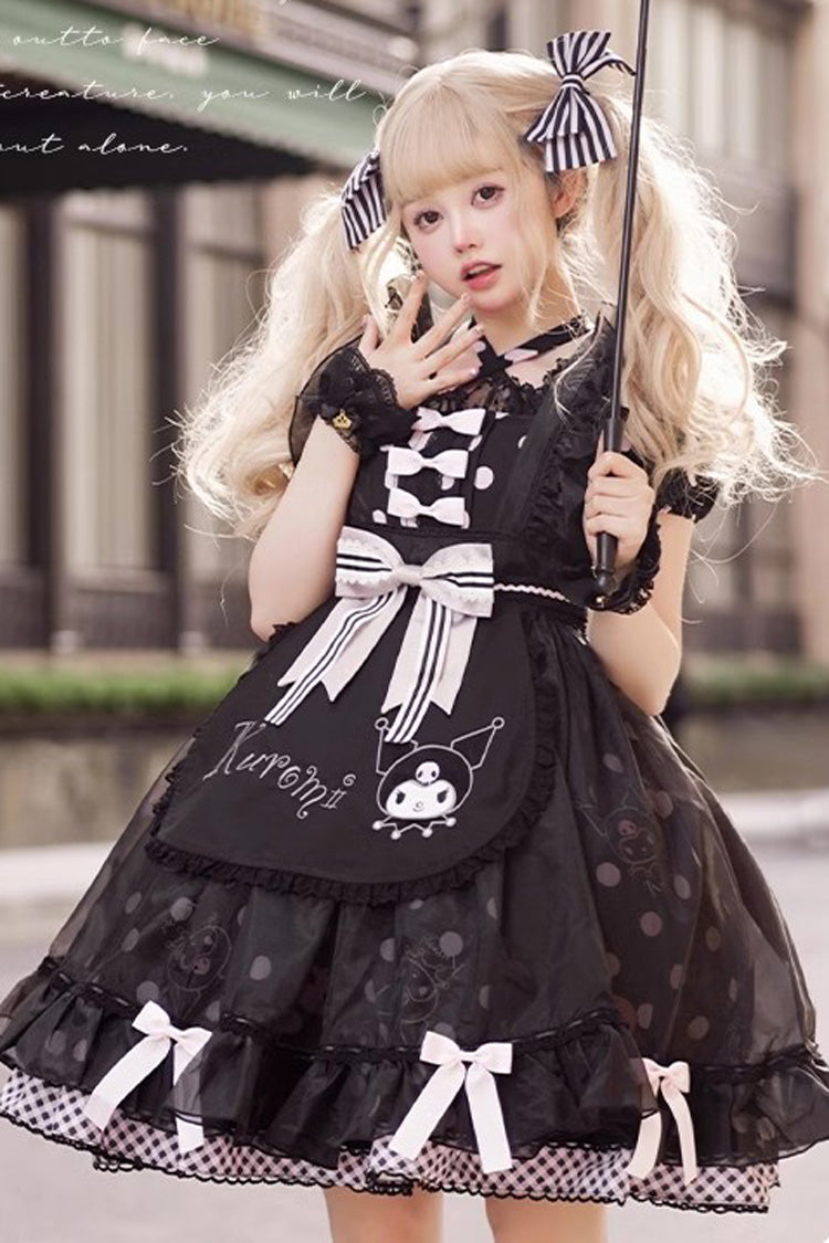 Black Short Sleeves Kulomi Print Ruffle Bow Sweet Lolita Dress