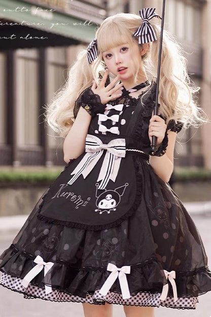 Black Short Sleeves Kulomi Print Ruffle Bow Sweet Lolita Dress