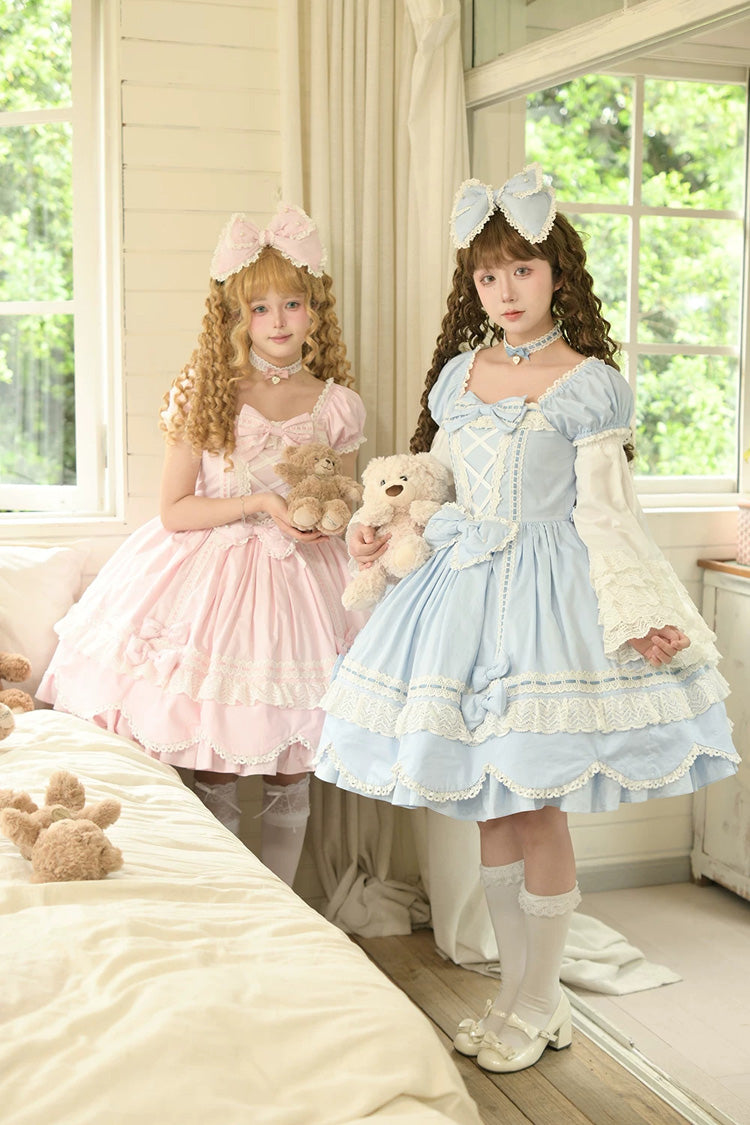 Square-Neck Cotton Dress with Double Ruffle Lace and Lacing