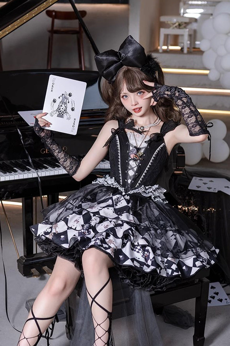 Black White Board Games Triple-Layer Print Ruffle Vintage Lolita Skirt