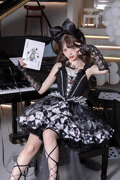 Black White Board Games Triple-Layer Print Ruffle Vintage Lolita Skirt