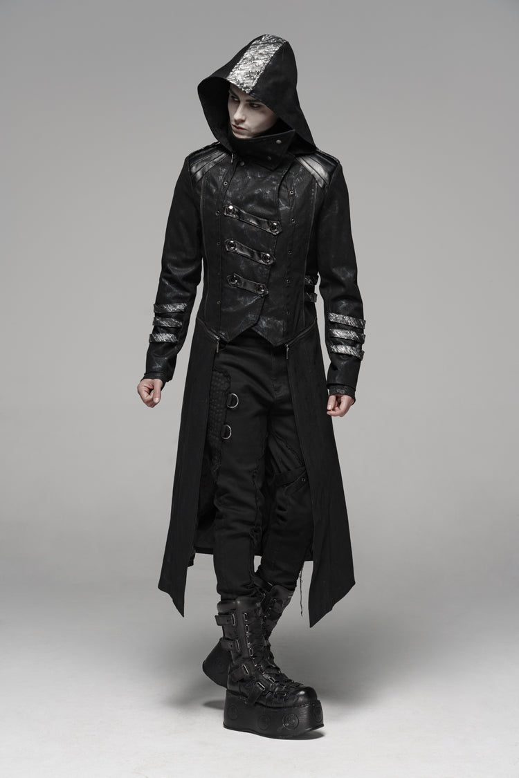 Men's Gothic Long Jacket with Hood and Stretch Twill
