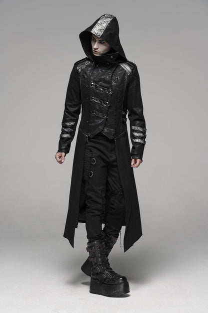 Men's Gothic Long Jacket with Hood and Stretch Twill