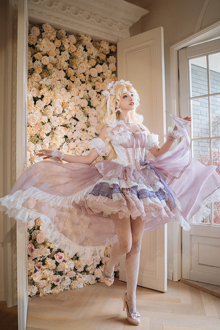 Pink Purple Rose Memoirs Sleeveless Multi-Layer Bow Lace Sweet Lolita Skirt Set