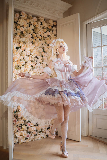 Pink Purple Rose Memoirs Sleeveless Multi-Layer Bow Lace Sweet Lolita Skirt Set