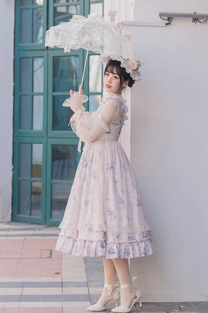 Elegant Floral Wall Print Sweet Lolita Gown with Ruffles