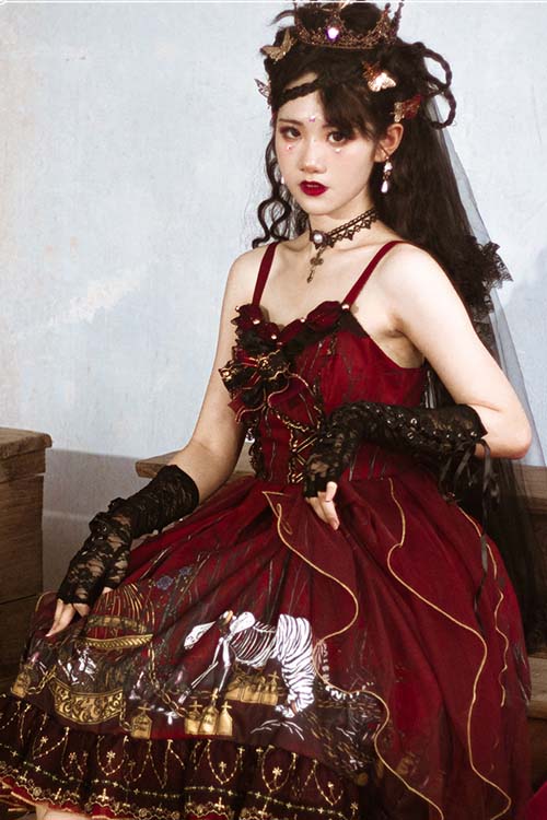 Red Chiffon Gothic Lolita JSK Dress with Forest Motif