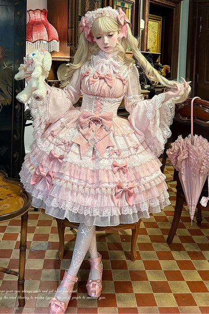 Pink Multi-Tier Ruffle Bow Lace Sweet Gorgeous Lolita Jumper - Little Lovetine
