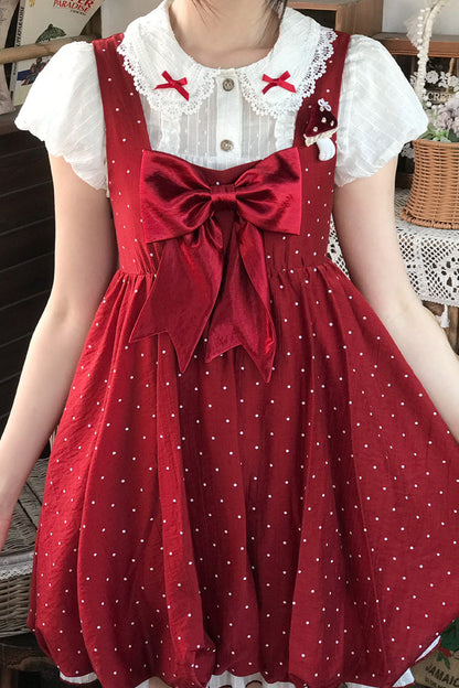 Red Little Mushroom Sleeveless Polka Dot Ruffle Bow Sweet Lolita JSK