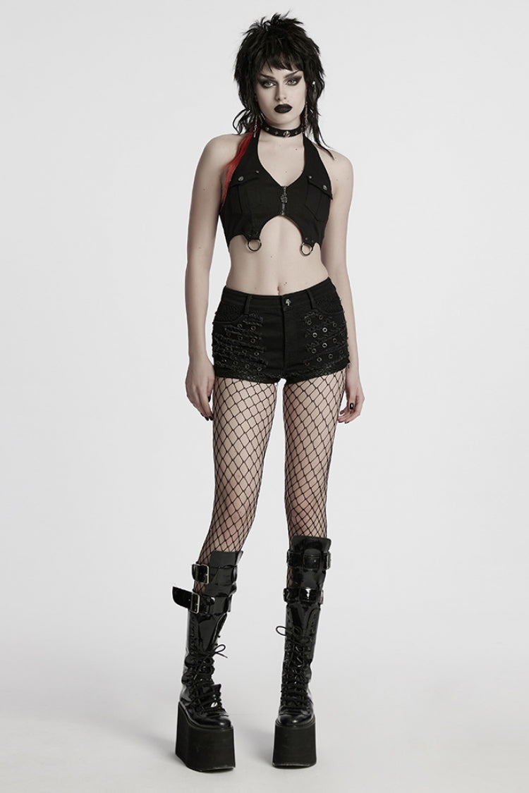 Distressed Punk Shorts with Mesh Panels