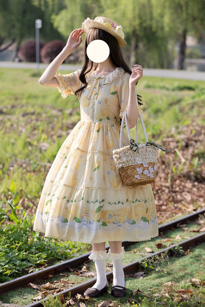 Lemon Chicken Short Sleeve Print Ruffle Bow Lace Daily Sweet Lolita Gown in Yellow