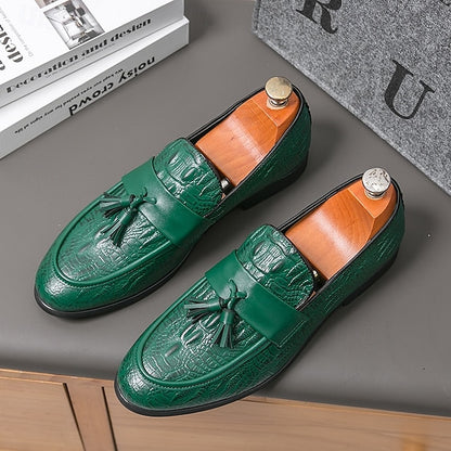 Men's Green Faux Leather Loafers with Crocodile Embossed