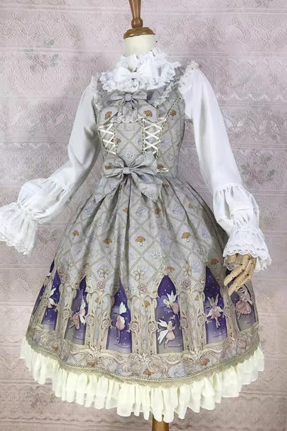 Dream Elf Print Ruffle Bowknot Jsk Dress - Sweet Lolita