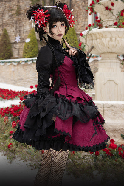 Multi-Layered Asymmetric Gothic JSK Dress with Lace and Bow