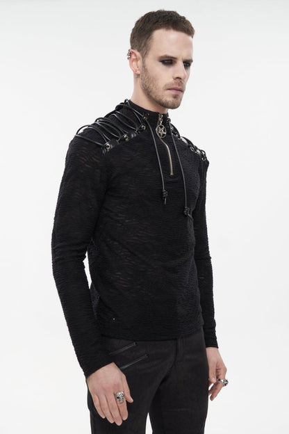 High Collar Lace-Up Pentagram Embellished Long Sleeve Tee