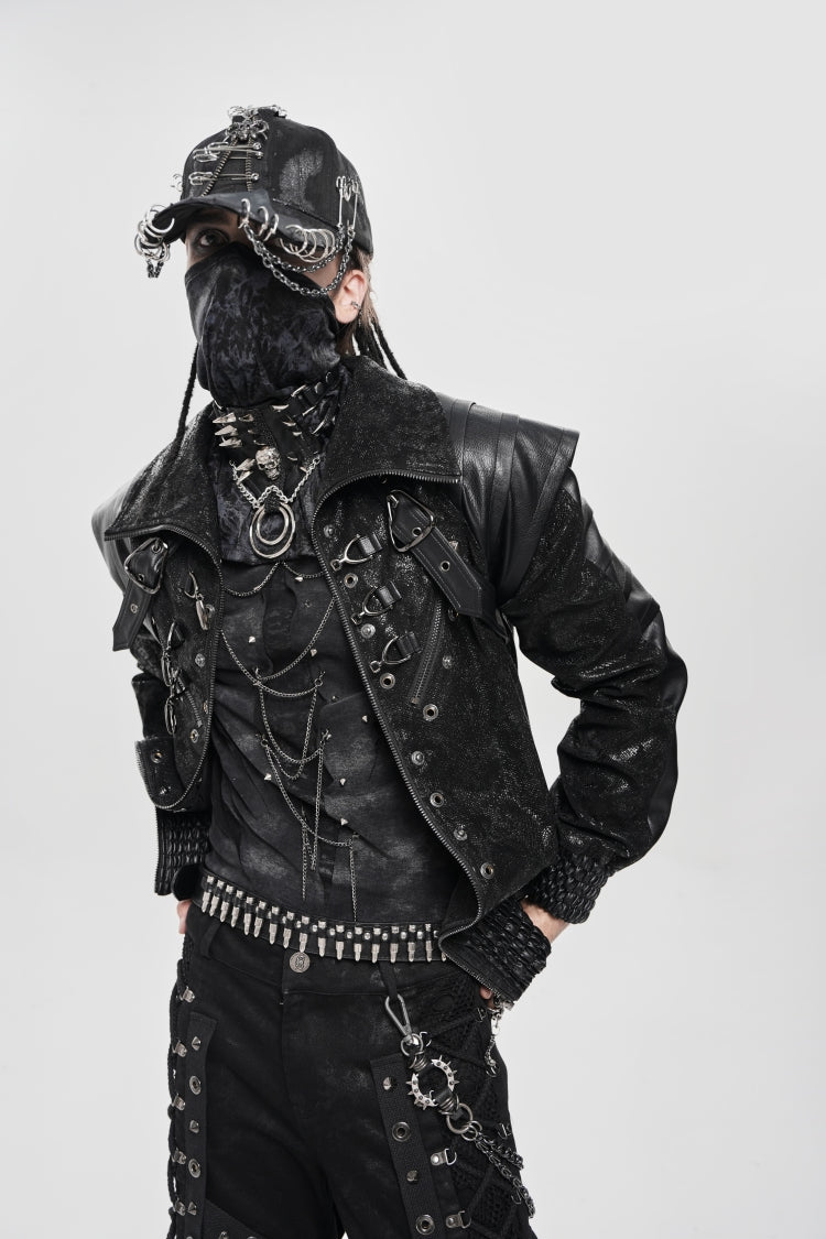 Men's Punk Coat with Buckle Zipper Straps and Stitched Black Faux Leather