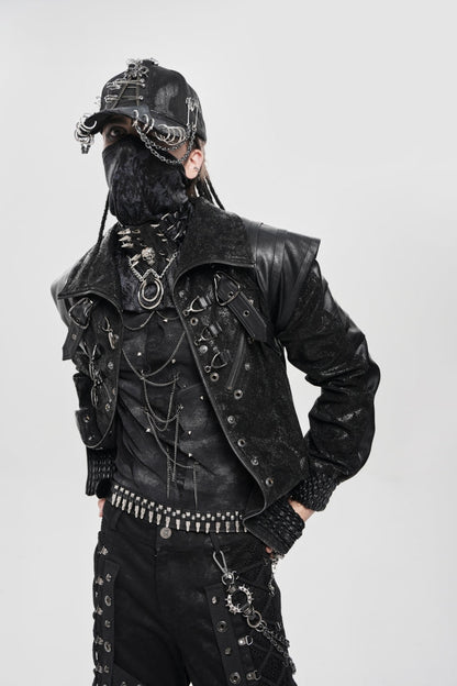 Men's Punk Coat with Buckle Zipper Straps and Stitched Black Faux Leather