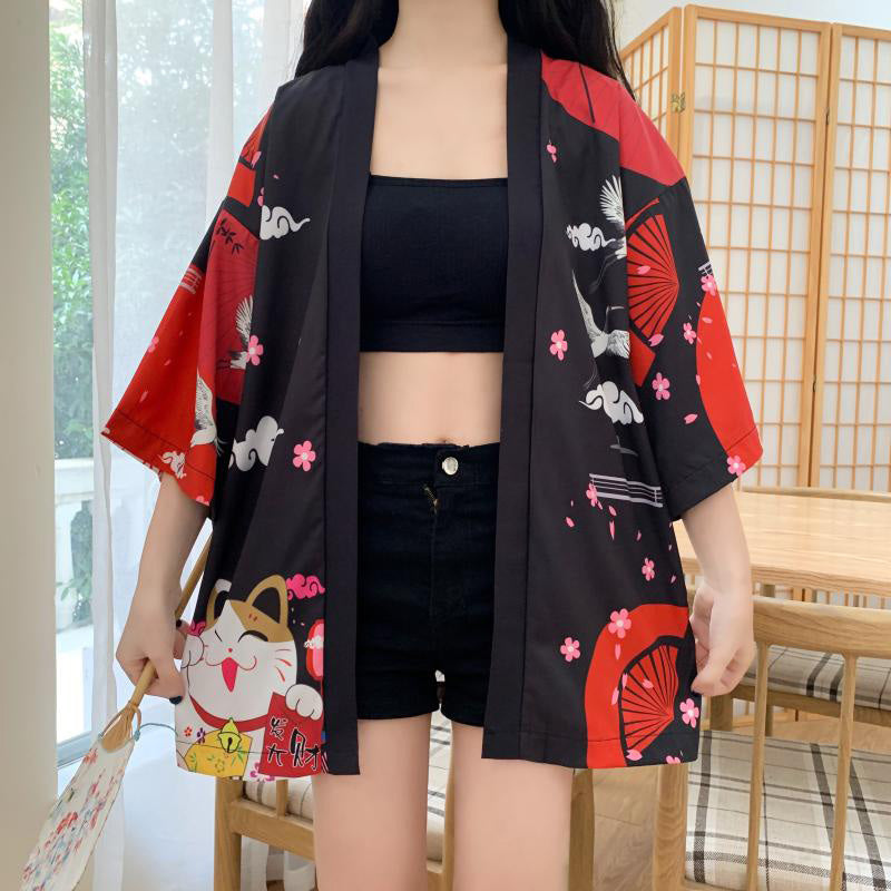 Cardigan kimono rouge à imprimé chat porte-bonheur animé