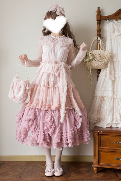 Sweet Stand Collar Long Sleeve Multi Layer Ruffle Color Block Lolita Tiered Dress 14 Colors