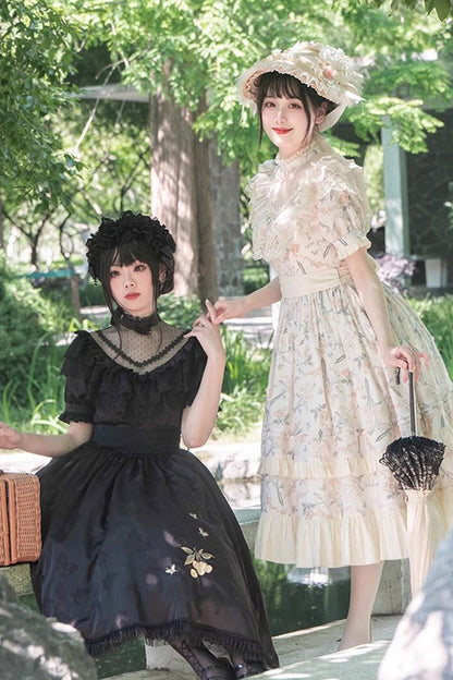 Daisy Cherry Embroidered Edwardian Lolita Dress with Short Sleeves