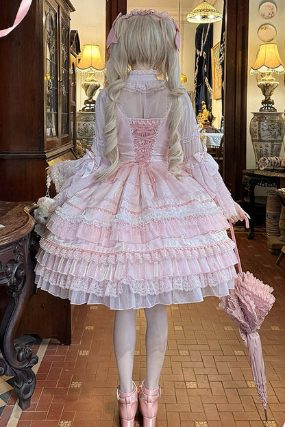 Pink Multi-Tier Ruffle Bow Lace Sweet Gorgeous Lolita Jumper - Little Lovetine