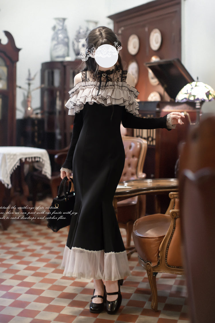 Ruffled Bowknot Fishtail Sweet Elegant Long-Sleeve Dress